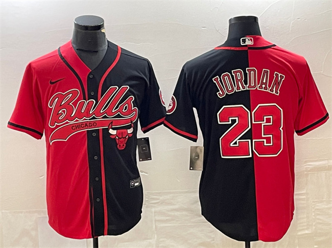 Men's Chicago Bulls #23 Michael Jordan Red/Black Split Cool Base Stitched Baseball Jersey